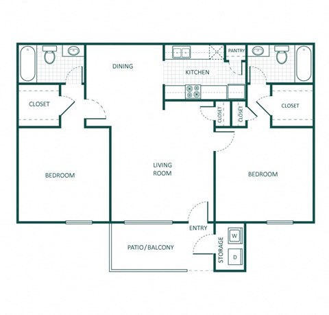 Floor plan for 2 beds, 2 baths, 922 sqft